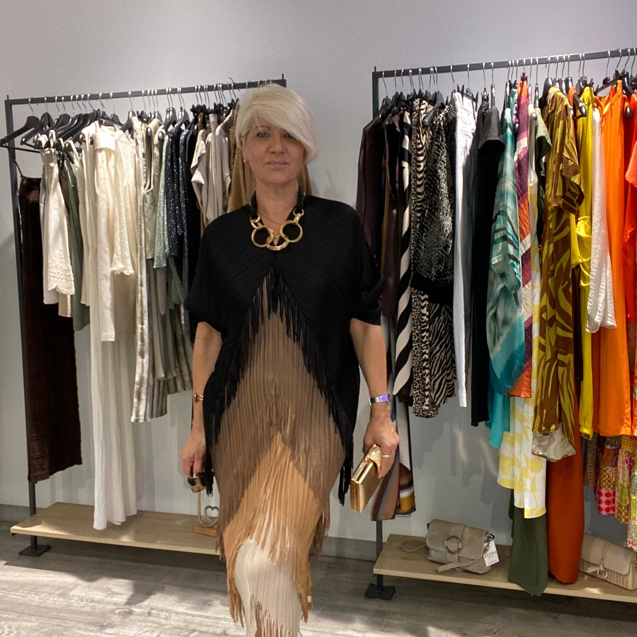 Vestido boho flecos color negro talla única 38/50