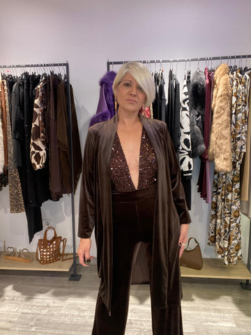 Conjunto Caftan Pantalón Terciopelo Marrón Chocolate - Elegancia Boho-Luxe Talla Única 36-42