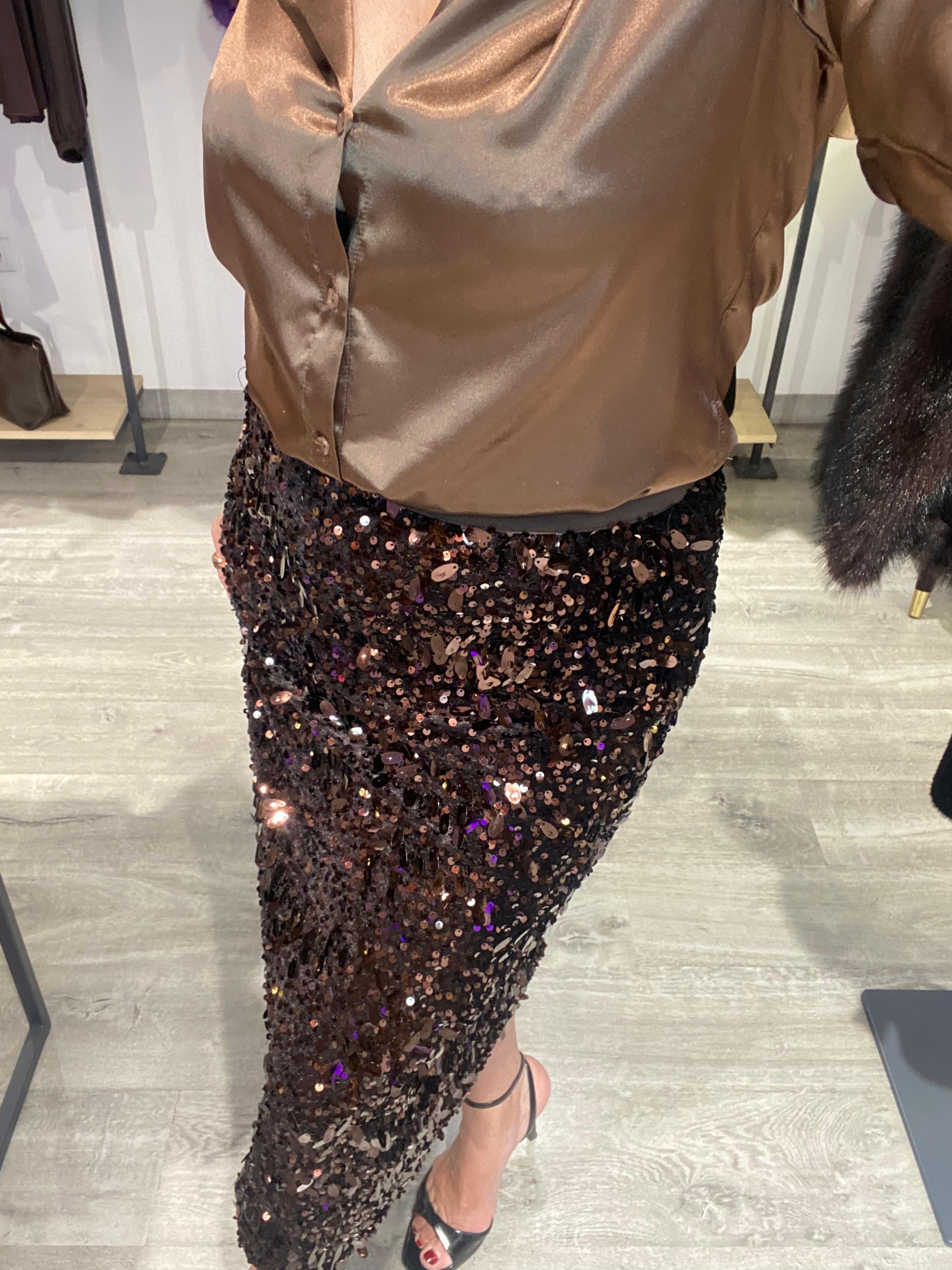 Falda Terciopelo Lentejuelas Marrón Chocolate - Elegancia Boho-Luxe