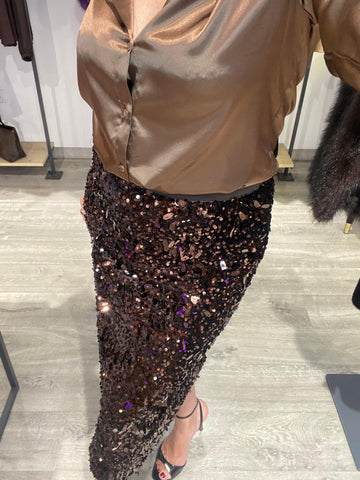 Falda Terciopelo Lentejuelas Marrón Chocolate - Elegancia Boho-Luxe