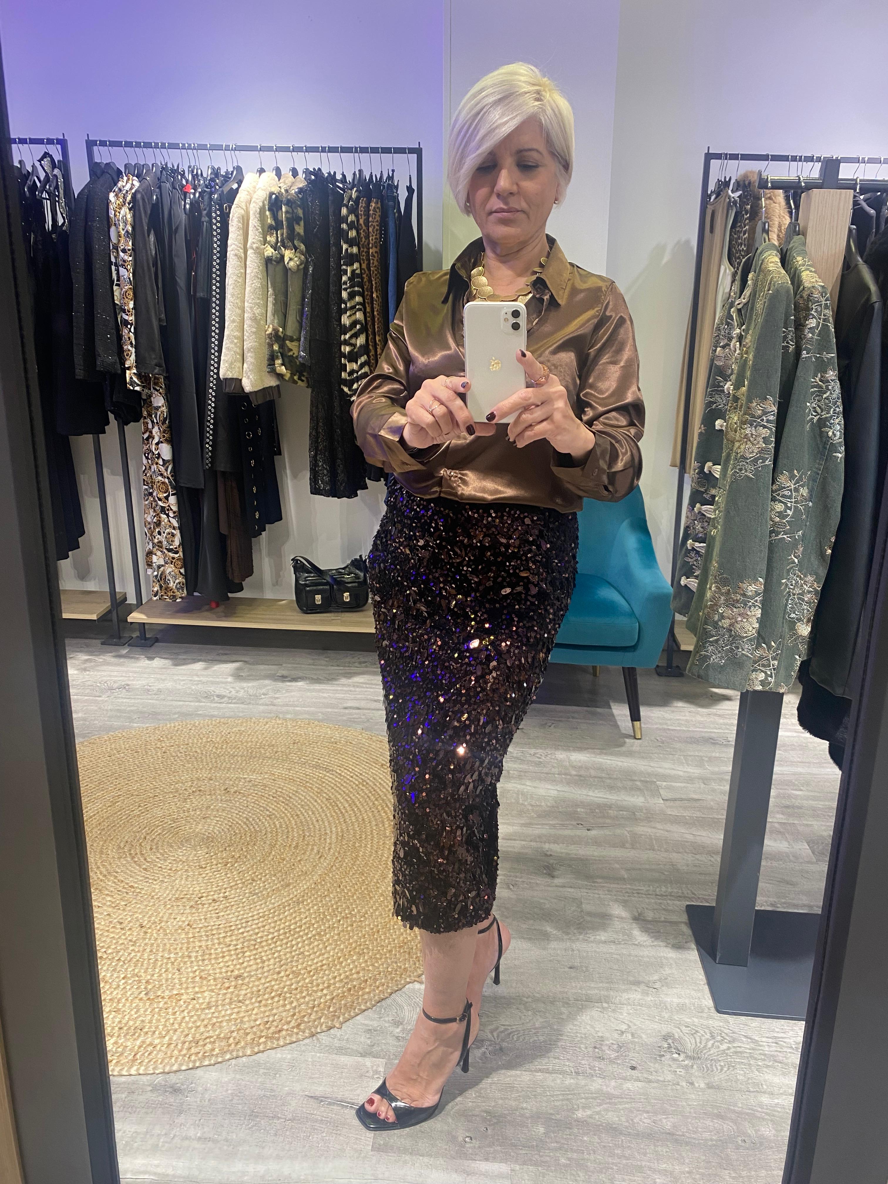 Falda Terciopelo Lentejuelas Marrón Chocolate - Elegancia Boho-Luxe