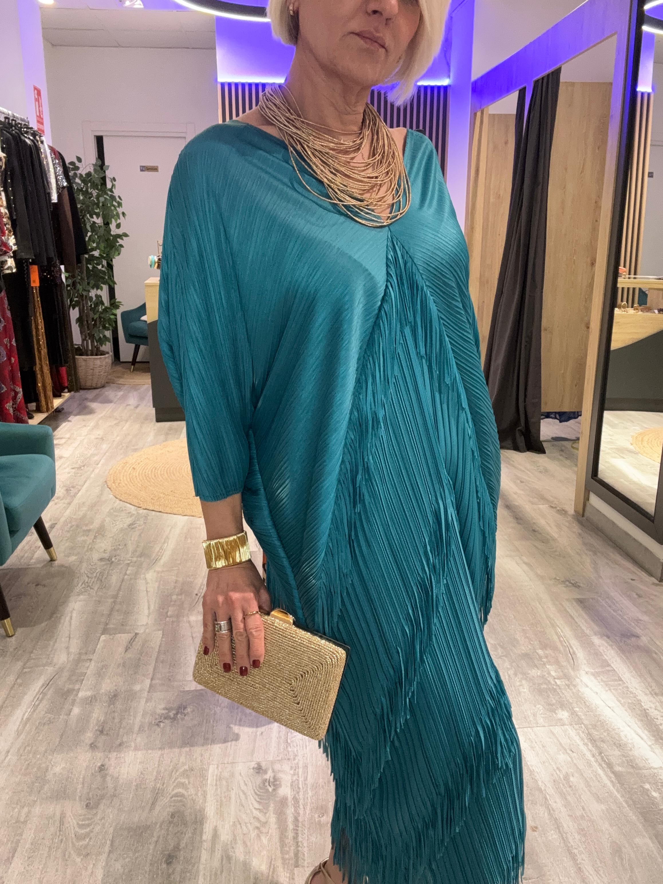 Vestido flecos azul petróleo