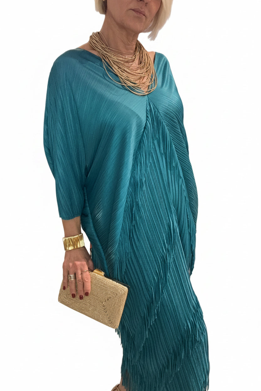 Vestido flecos azul petróleo