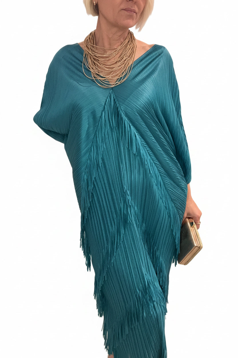 Vestido flecos azul petróleo