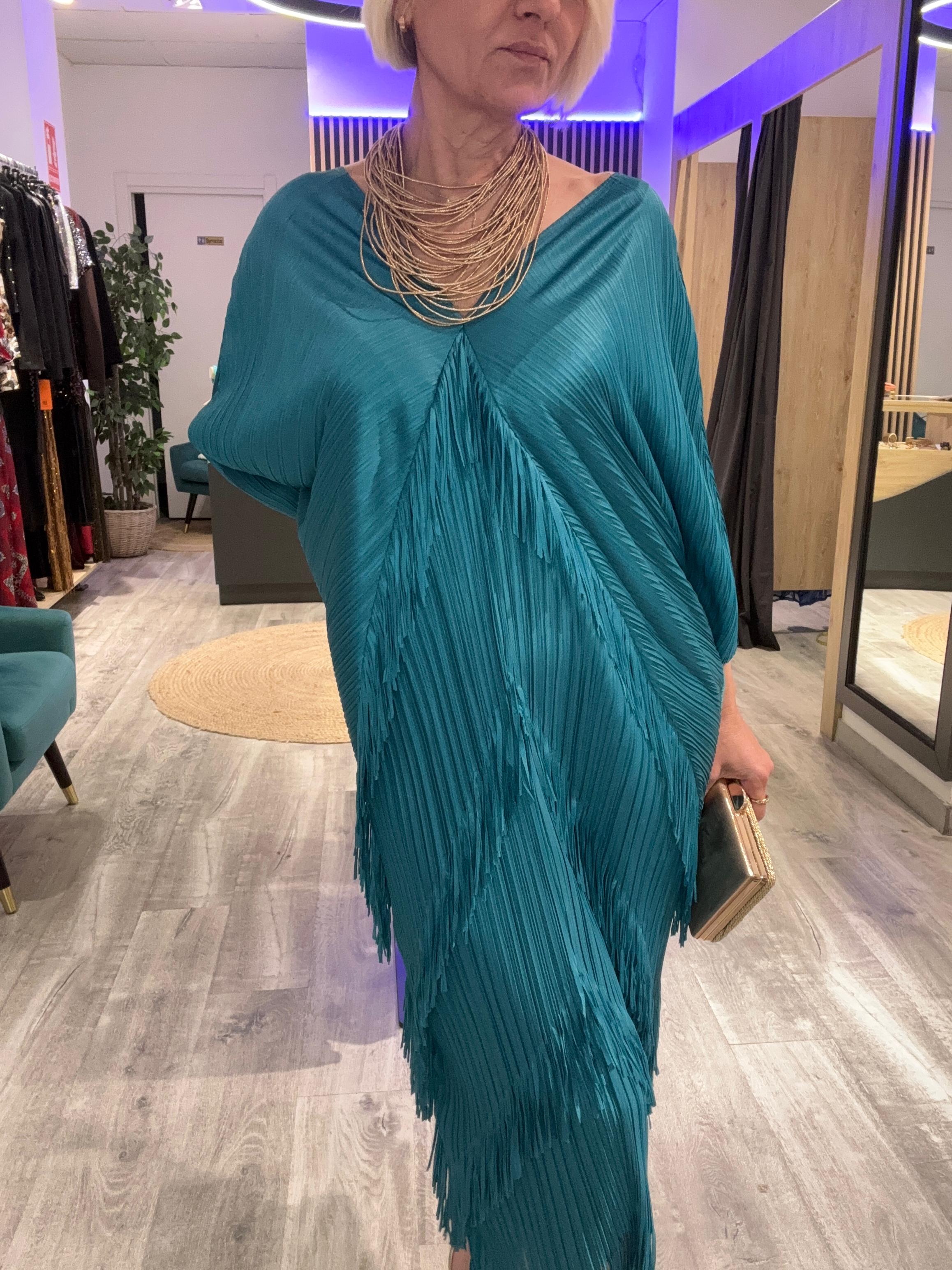 Vestido flecos azul petróleo