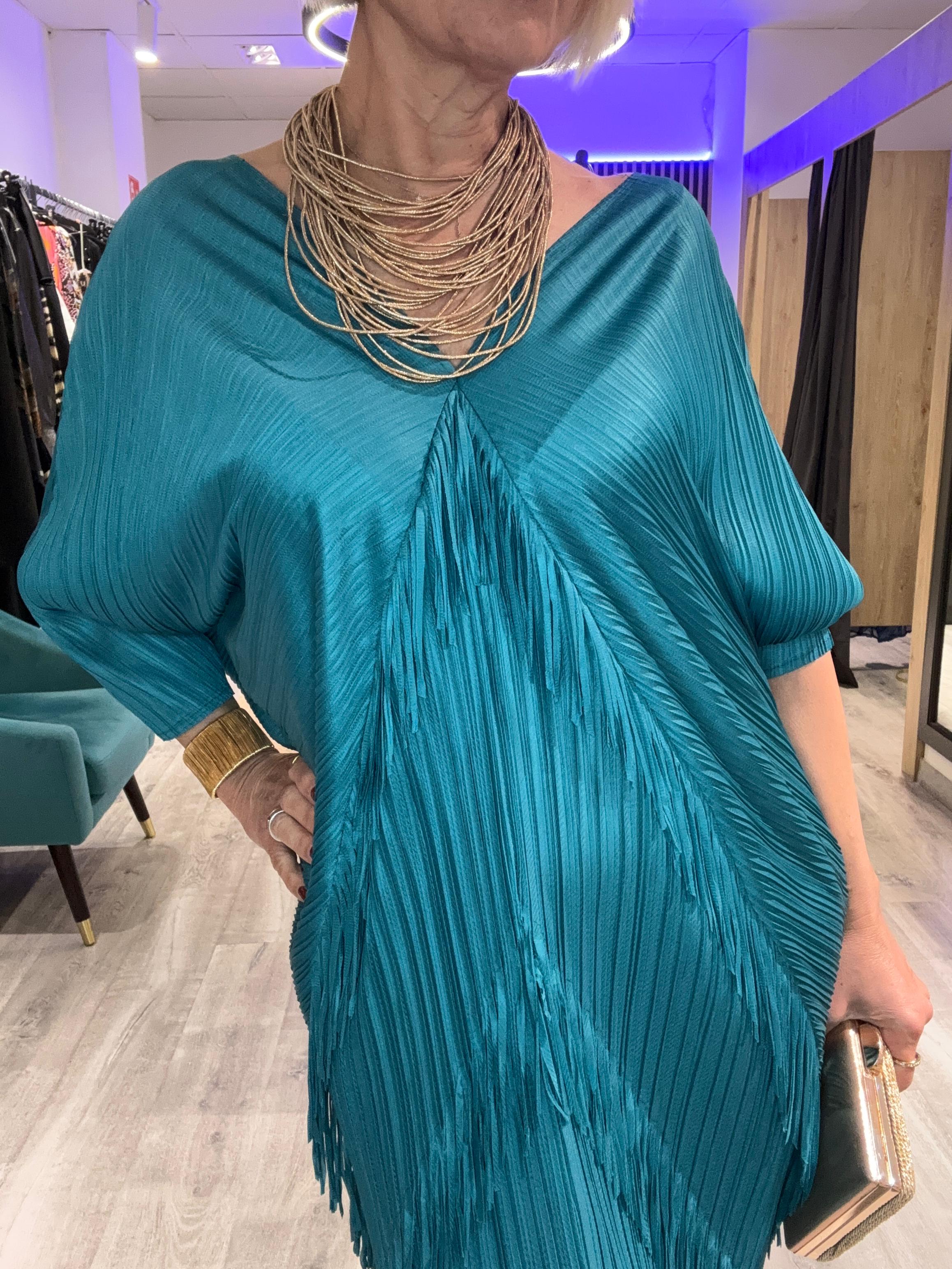Vestido flecos azul petróleo