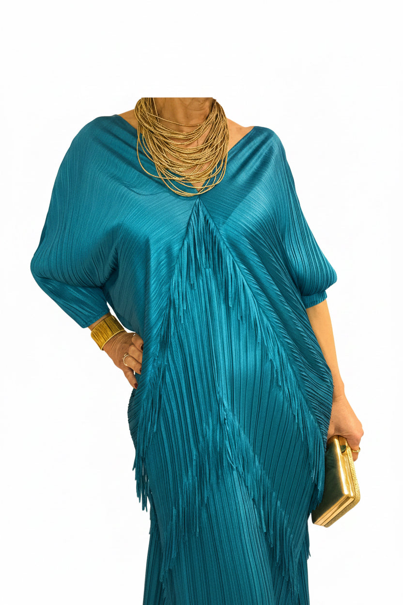 Vestido flecos azul petróleo