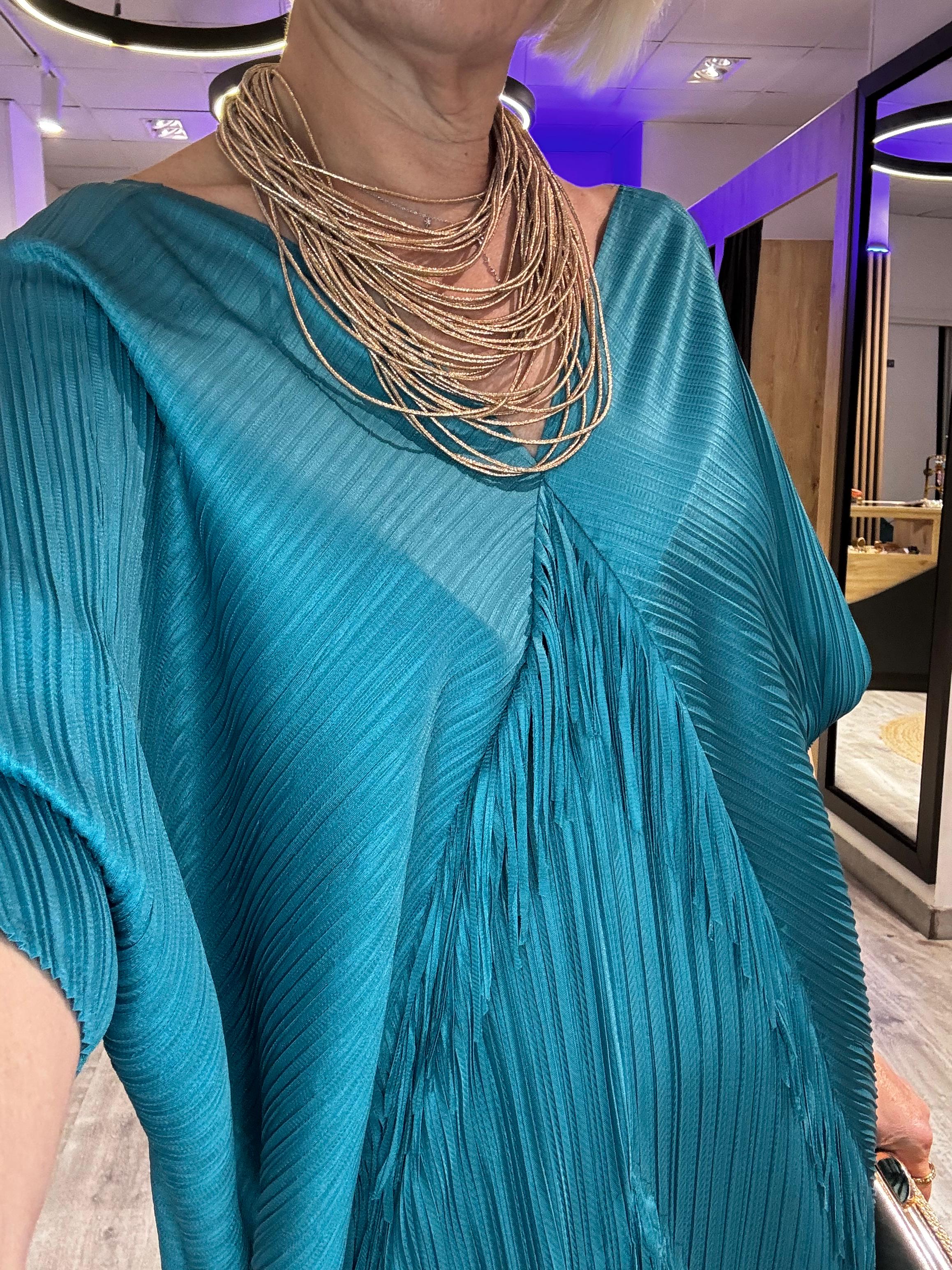 Vestido flecos azul petróleo