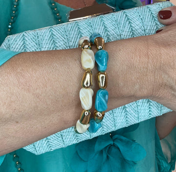Pulseras duo  elásticas azul turquesa y beige