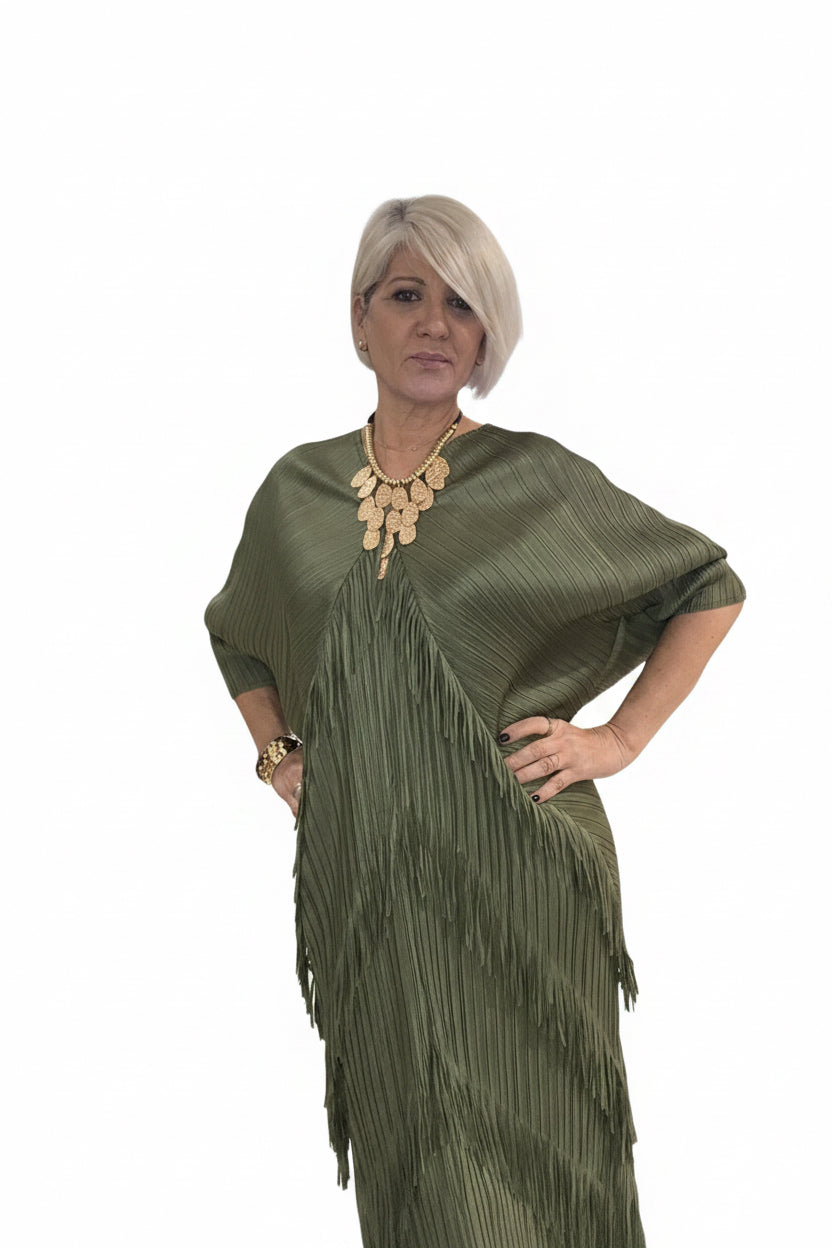 Vestido boho  flecos verde oliva