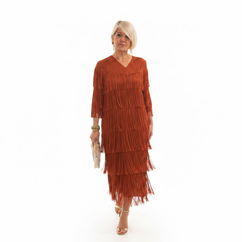 Vestido flecos color ocre