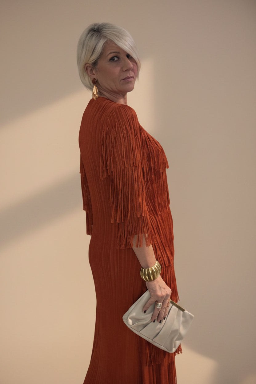 Vestido flecos color ocre