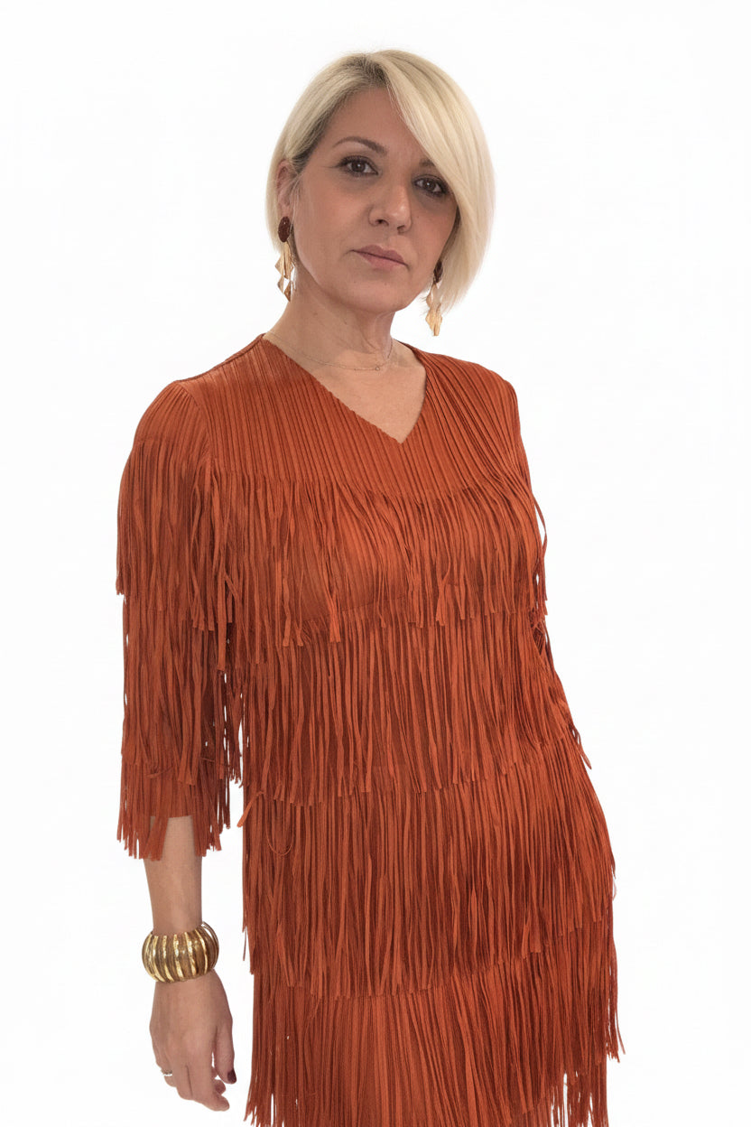 Vestido flecos color ocre