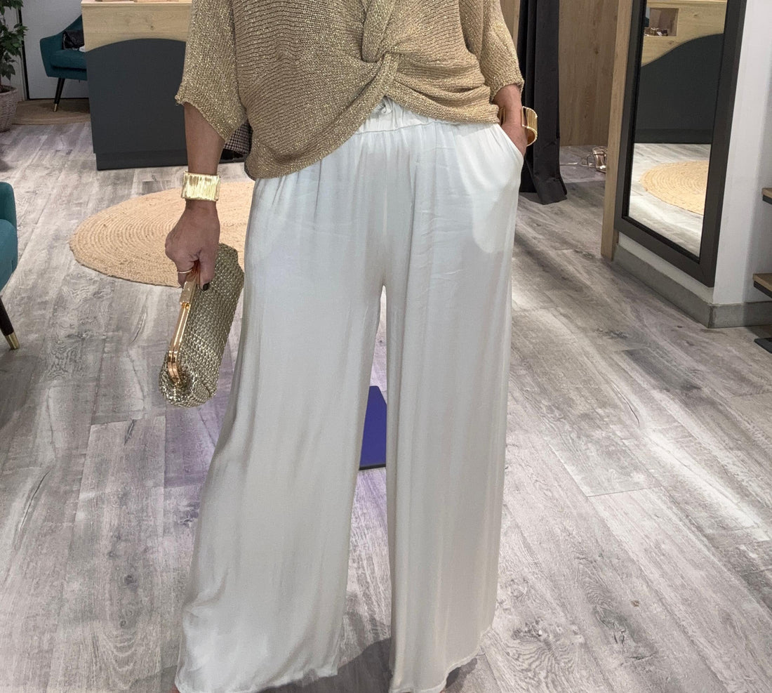 Pantalón palazzo satinado beige