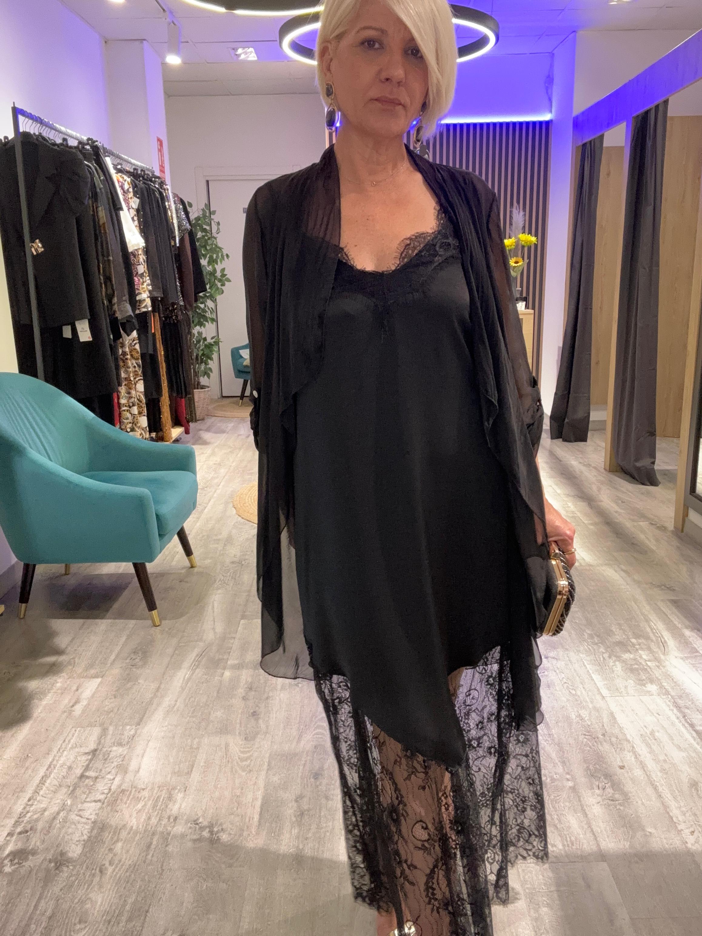 Vestido Lencero encaje satinado y caftan seda