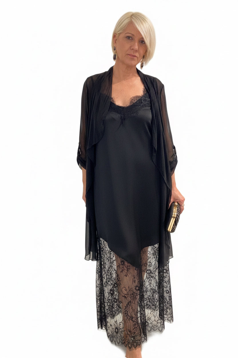 Vestido Lencero encaje satinado y caftan seda
