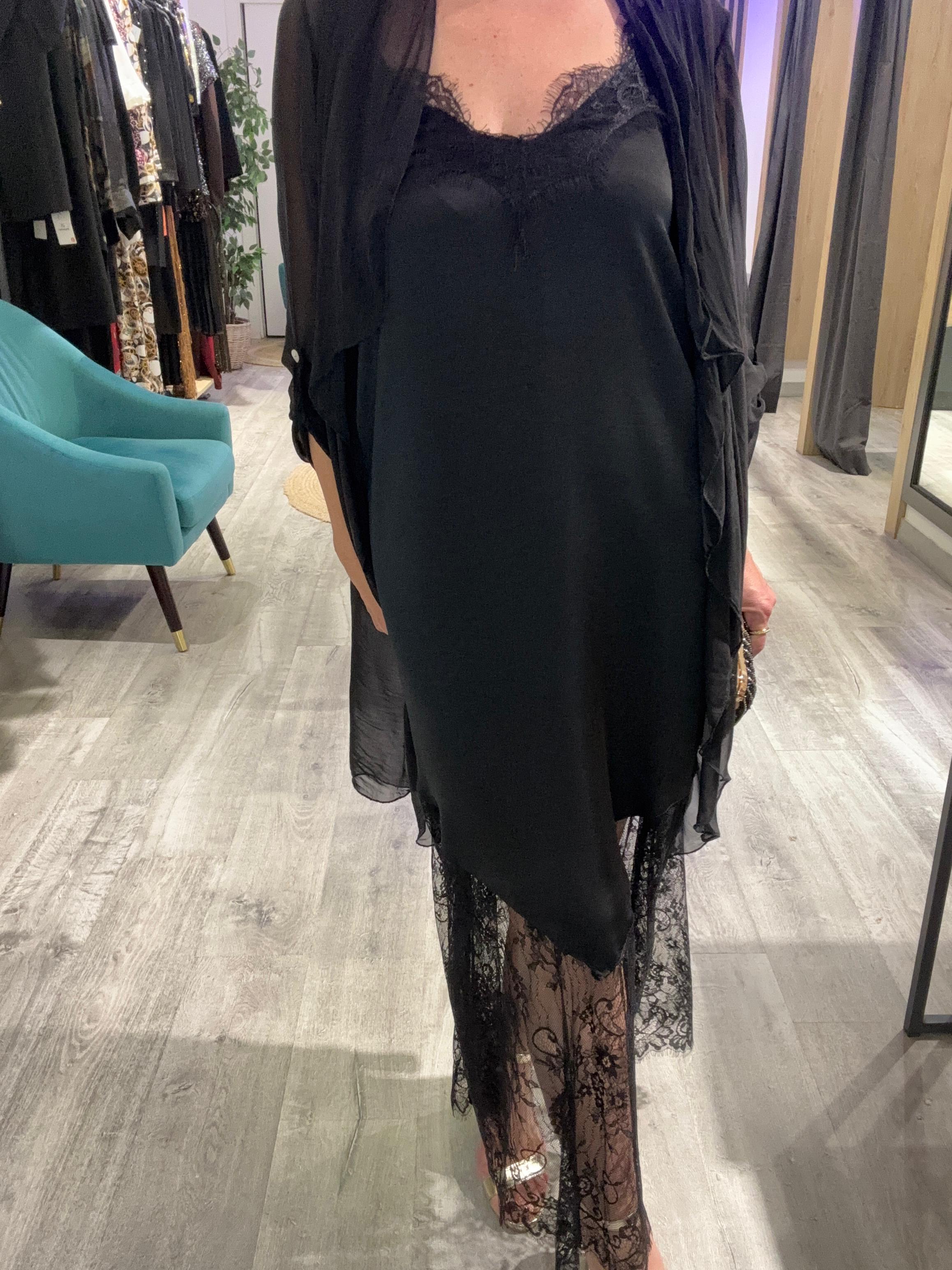 Vestido Lencero encaje satinado y caftan seda