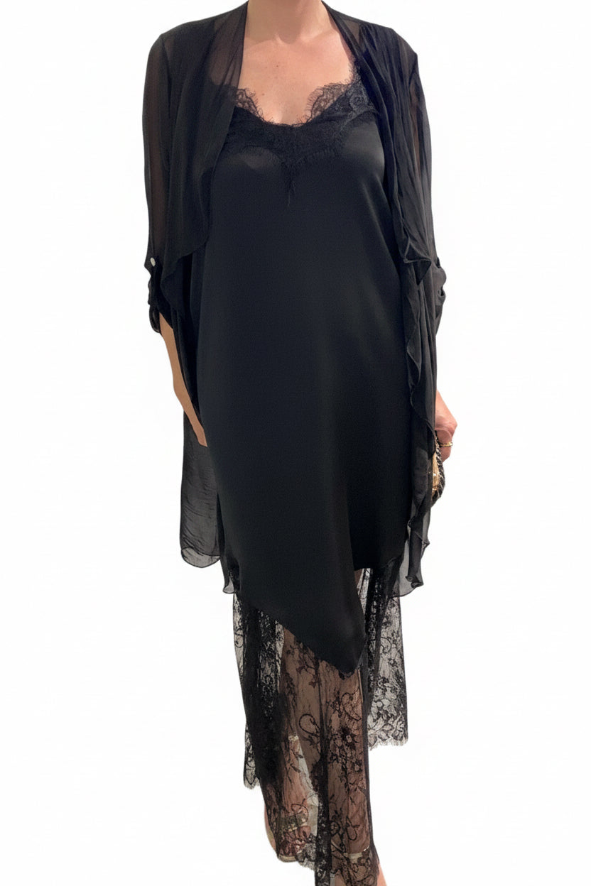 Vestido Lencero encaje satinado y caftan seda