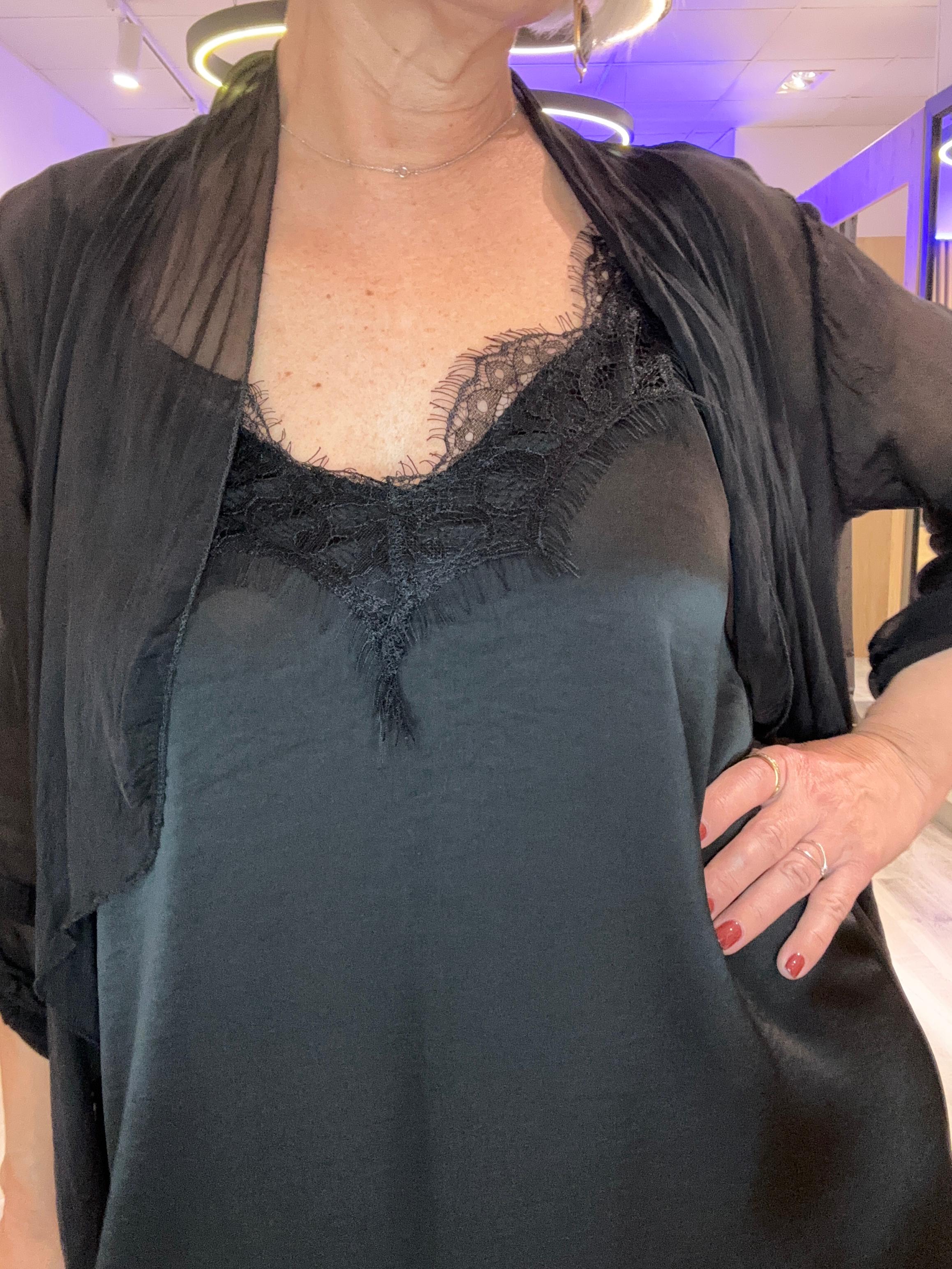 Vestido Lencero encaje satinado y caftan seda