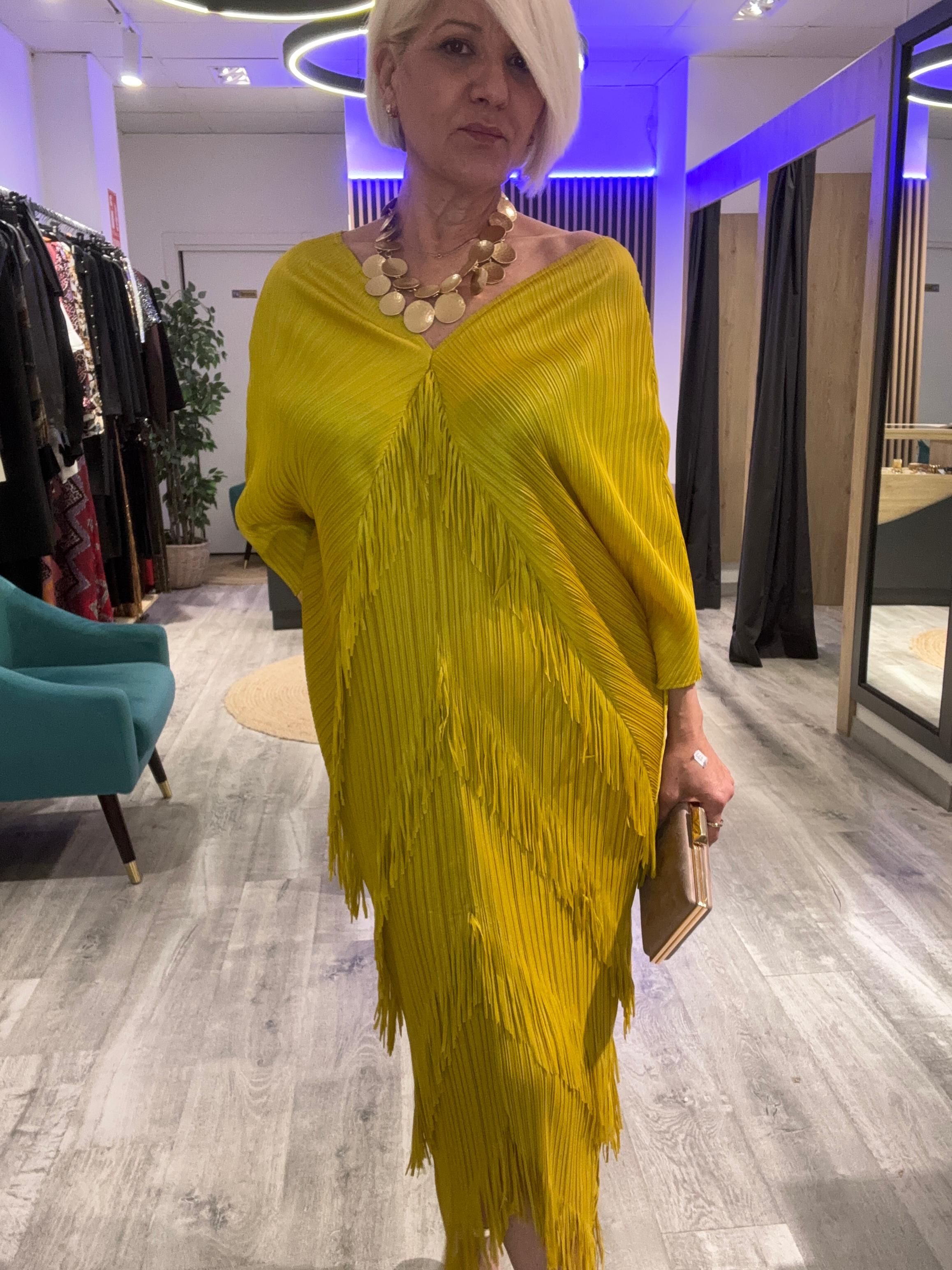 Vestido flecos amarillo Mostaza